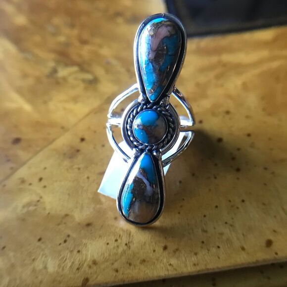 Spiny Turquoise Sterling Silver Ring Size 7 - Picture 4 of 8